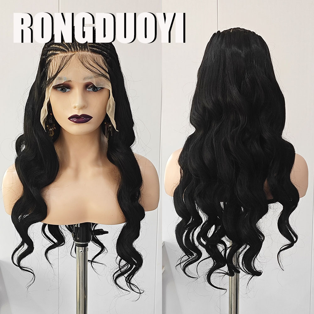 Synthetic Braided Wigs For Black Women - Peluca Sintética Negra Trenzada Ondulada RONGDUOYI